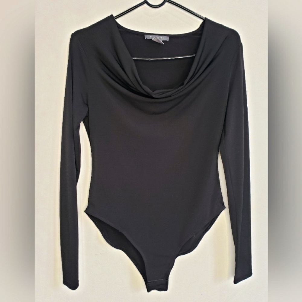 Suzy Shier Cowl Neck Black Bodysuit | Longsleeve  |  Size S
